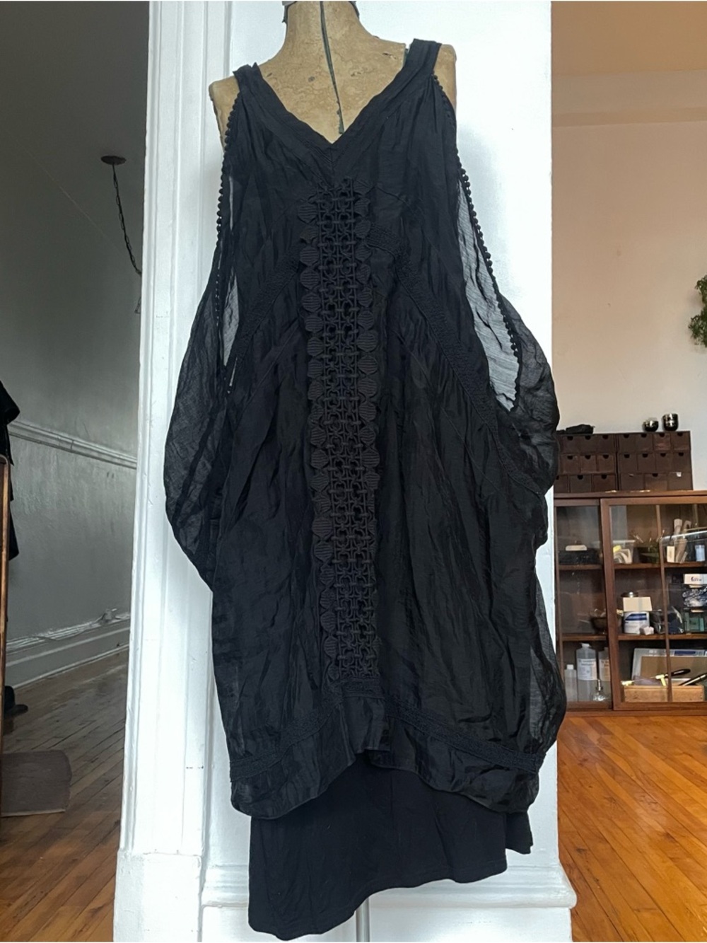 Boho Black Sleeveless Crochet-Front Dress
